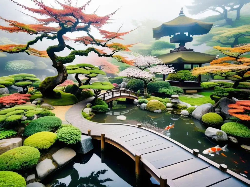 Jardín japonés sereno con estética samurái, sendero de piedra, casa de té, bonsáis, koi y niebla