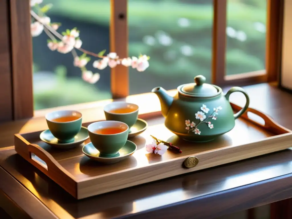 Un set de té japonés contemporáneo con diseño elaborado, donde la luz del sol resalta la tranquilidad del ritual del té samurái contemporáneo