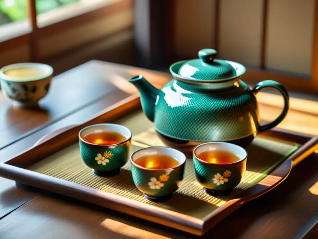 Un set de té japonés con diseño floral, tazas delicadas, batidor de bambú y bandeja de madera