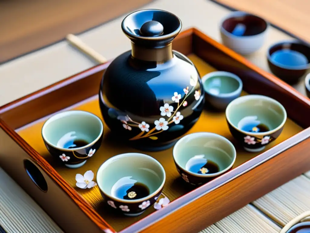 Un set de sake japonés tradicional con tokkuri y ochoko, adornados con motivos de cerezos pintados a mano, en una atmósfera serena y contemplativa