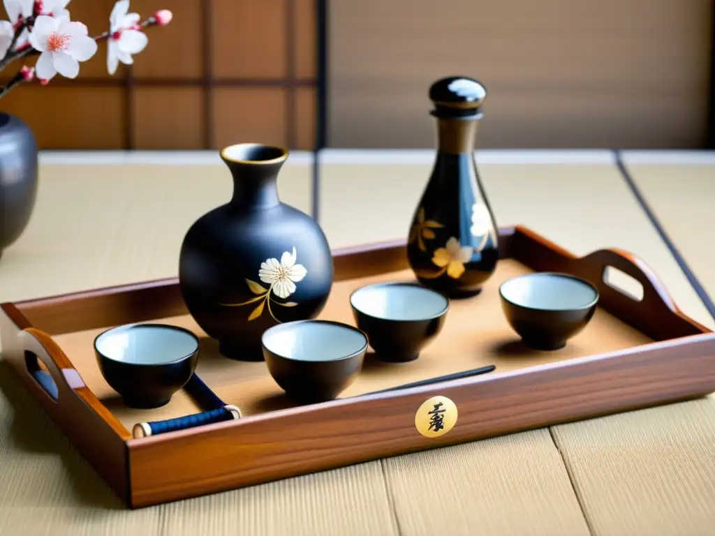 Un set de sake japonés tradicional con un tokkuri, ochoko y katana, evocando una ceremonia samurái con elegancia y tradición