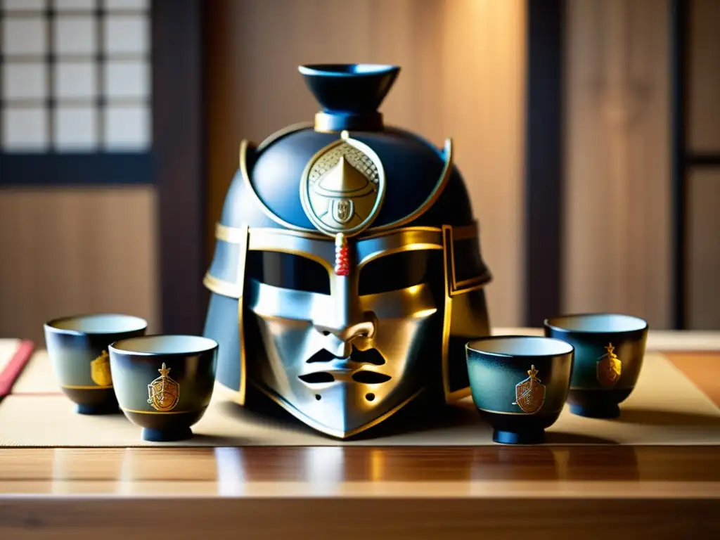 Un set de sake tradicional japonés con diseño de armadura samurái