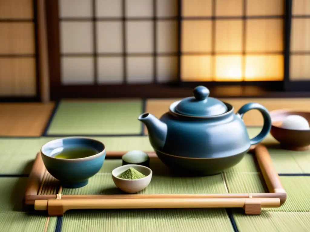 Un set de té tradicional japonés con detalles delicados de cerezo y utensilios de bambú, iluminado por luz natural