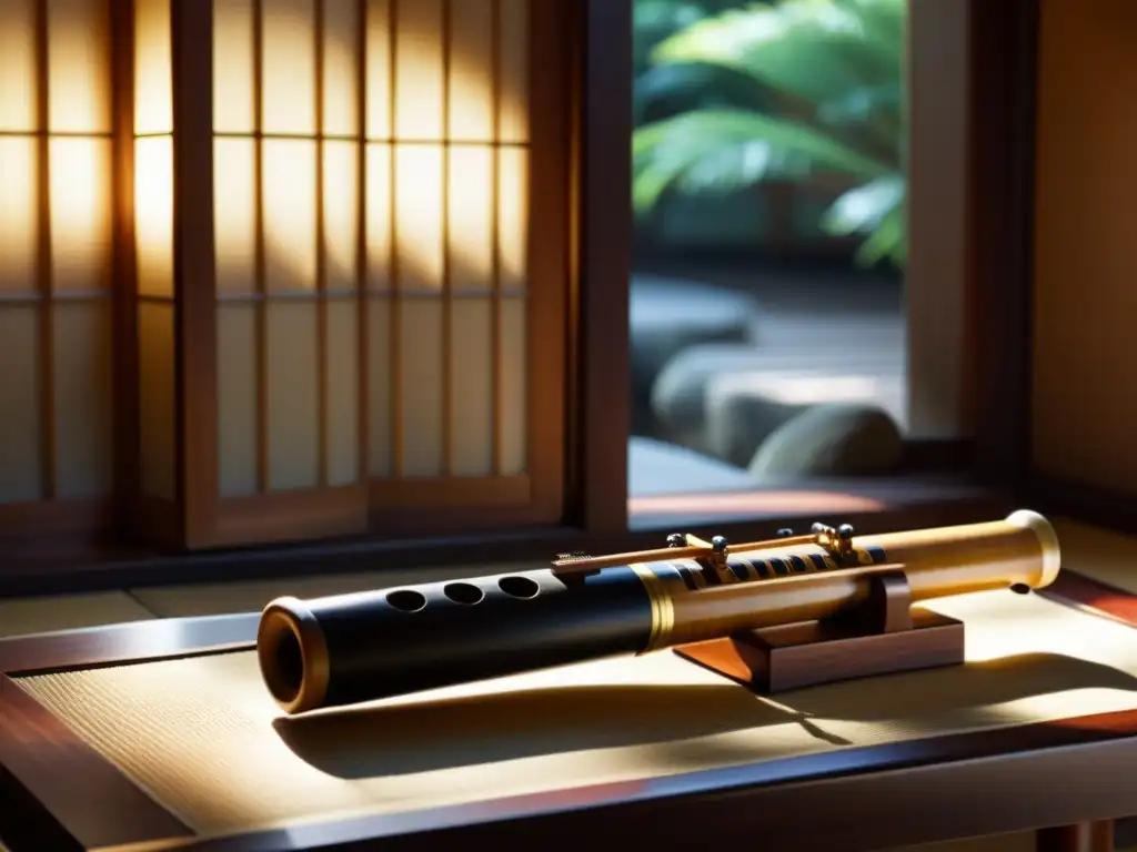 Un shakuhachi japonés reposa sobre un soporte de madera, bañado por luz natural