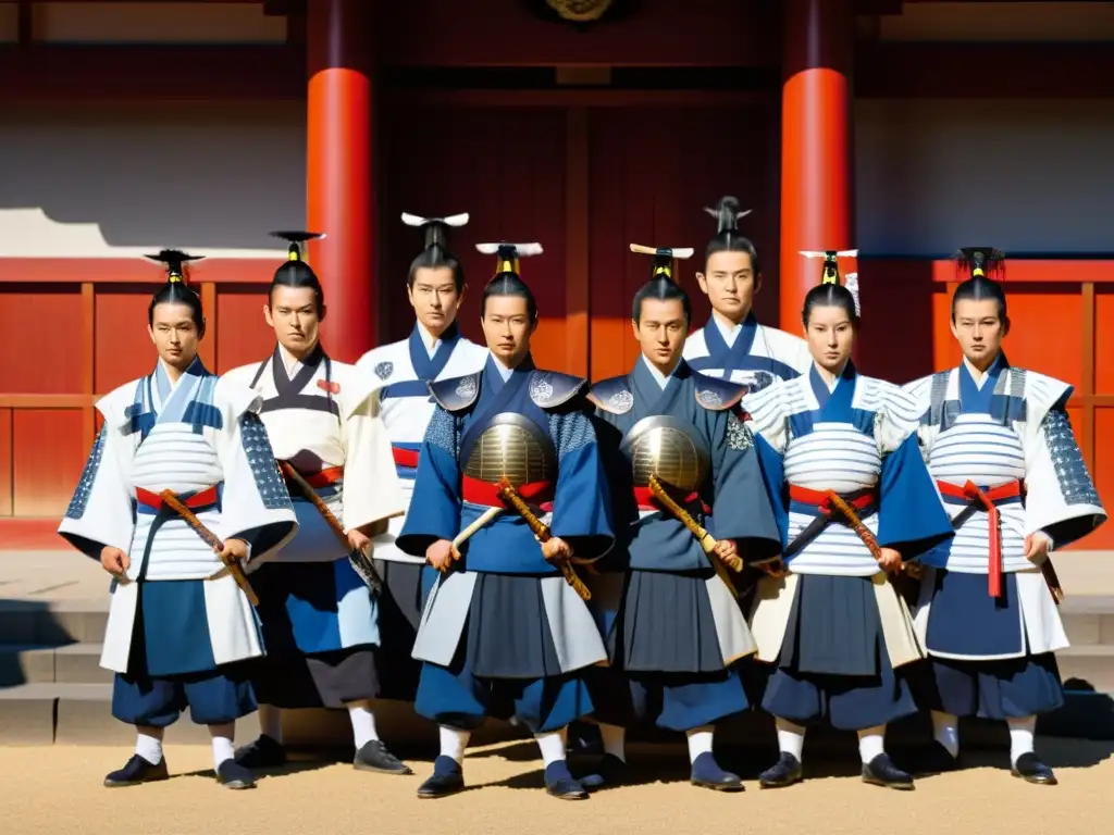 Los Shinsengumi, guerreros en formación frente al palacio del Shogun, emanan lealtad y determinación