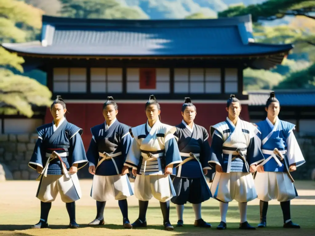 Los Shinsengumi y su legado: Guerreros en formación frente al castillo, listos para la batalla, con uniformes azules y blancos