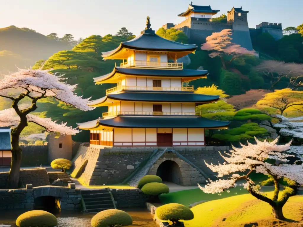 Los Shinsengumi y su legado: Ruinas de un castillo japonés con samurái contemplativo, rodeado de cerezos en flor al atardecer