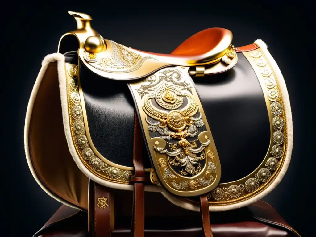 Una silla de montar samurái japonesa con adornos de oro y plata sobre un fondo oscuro texturizado, destacando la influencia samurái en equitación