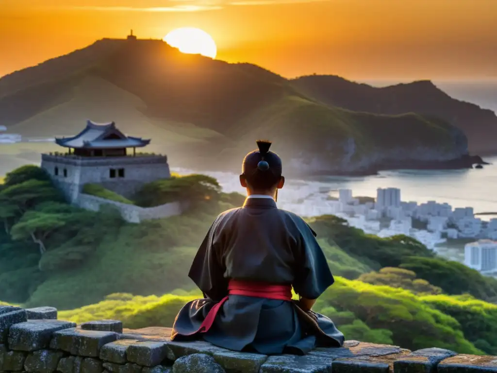 El sol se pone tras las antiguas ruinas de un castillo tradicional en Okinawa, iluminando al guerrero samurái en un gesto contemplativo