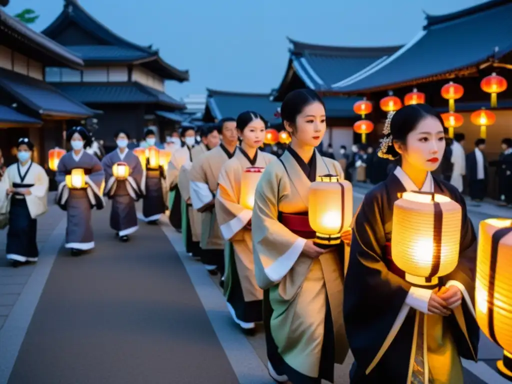 Una procesión solemne de samuráis en el Japón antiguo, iluminados por linternas en honor a las víctimas del incendio Meireki