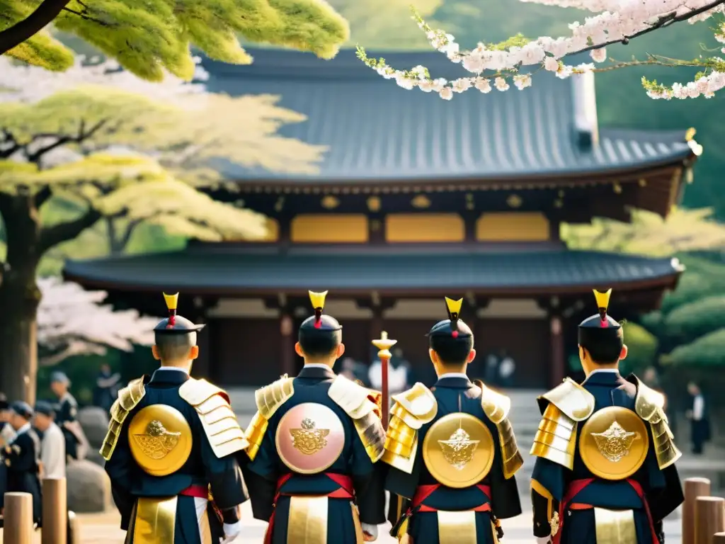 Una procesión solemne de samuráis en armadura tradicional, rindiendo homenaje en un tranquilo santuario Shinto entre cerezos en flor