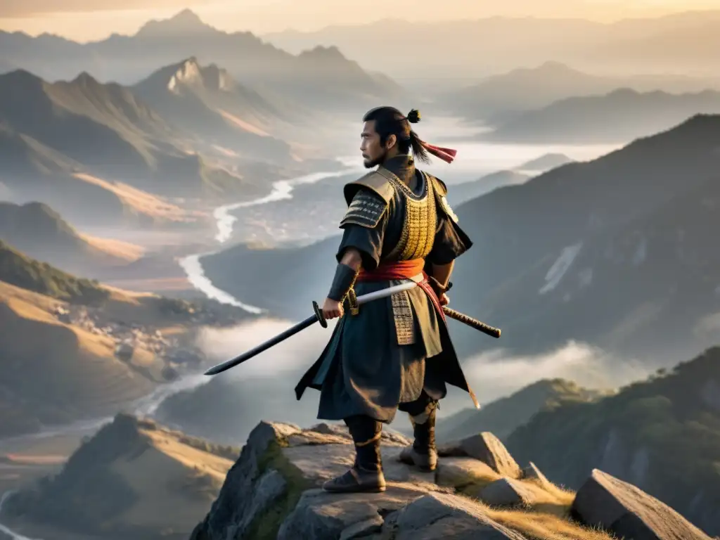 Un solitario ronin samurái contempla la ética y moralidad en un paisaje montañoso al atardecer