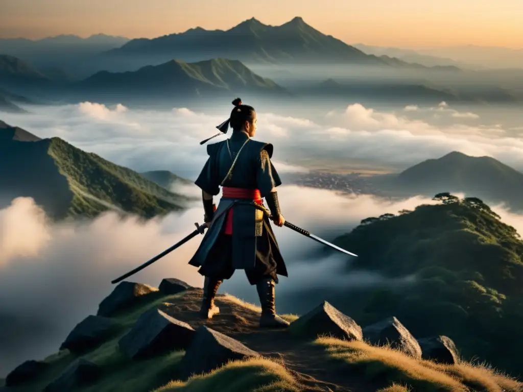 Un solitario guerrero samurái en la cima de una montaña brumosa, con su katana desenvainada y el sol naciente de fondo