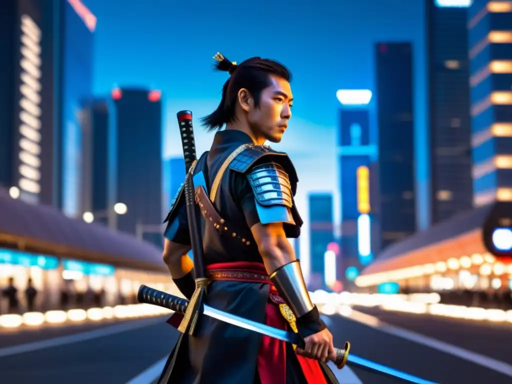 Samurái solitario: fusión de tradición y modernidad Un solitario guerrero samurái, vestido con armadura tradicional y sosteniendo una katana, se alza en una bulliciosa ciudad moderna