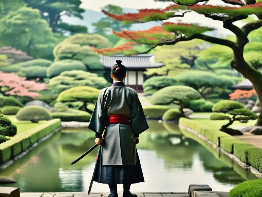 Un solitario samurái reflexiona junto al estanque en un jardín japonés, en una imagen que captura la crítica social en Harakiri samurái