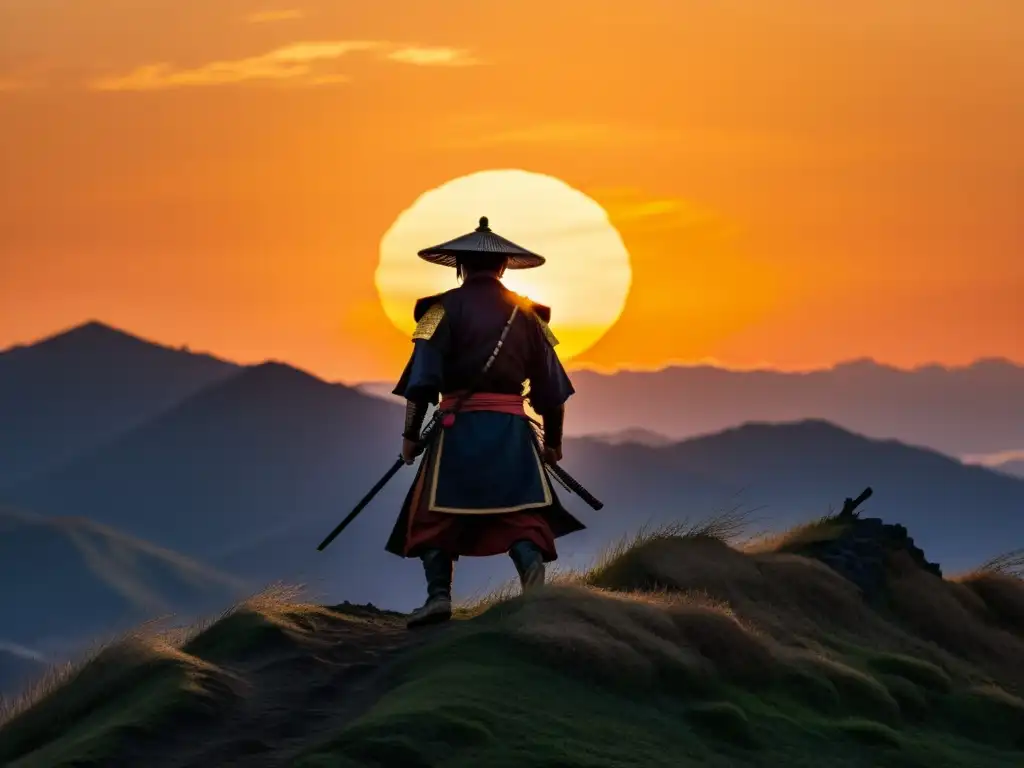 Un solitario ronin de pie sobre una colina al atardecer, con la luz dorada del sol iluminando su armadura