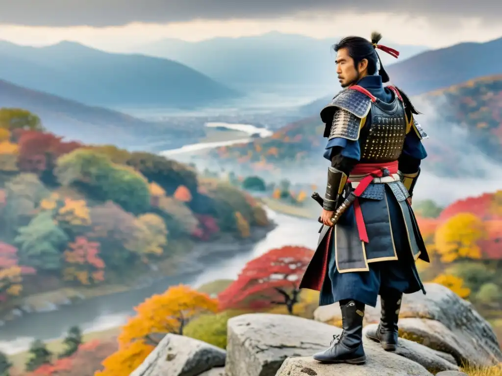 Un solitario ronin, vestido con armadura de samurái, contempla el valle neblinoso en otoño