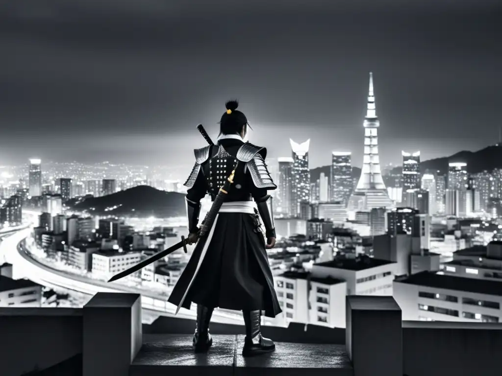 Samurái moderno contempla la ciudad Un solitario samurái en armadura tradicional contempla la ciudad moderna de noche