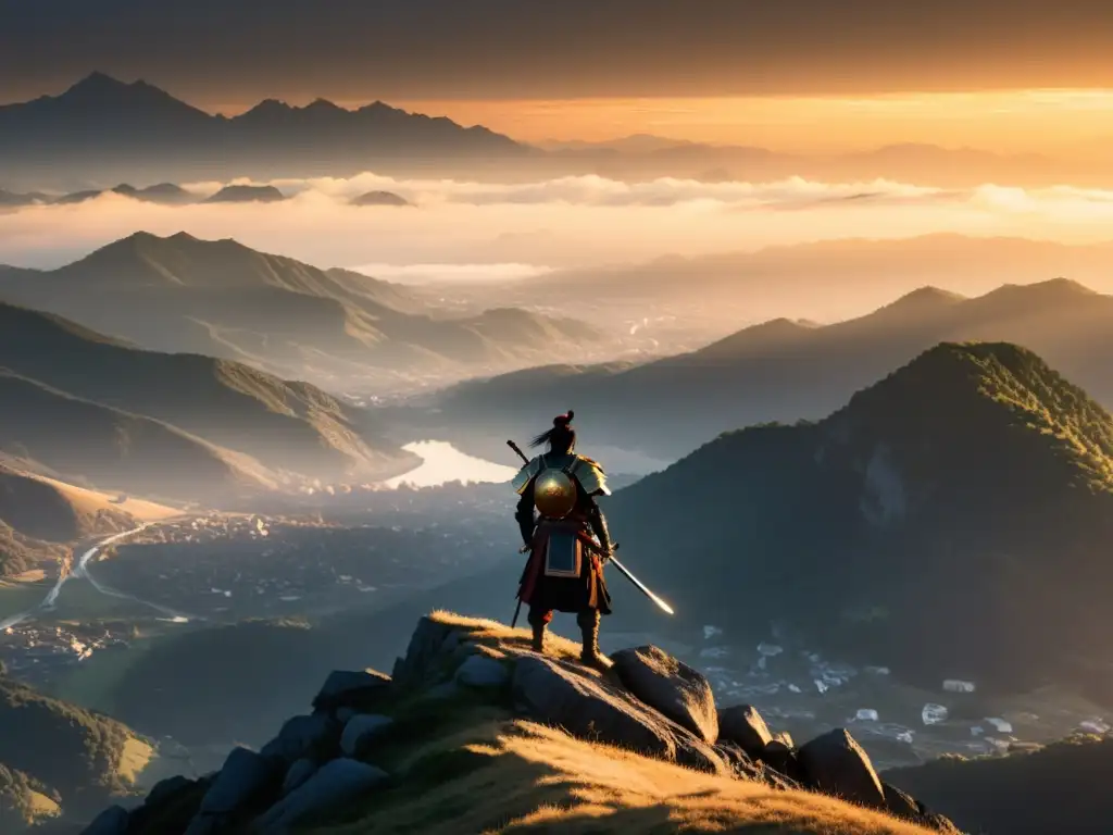 Un solitario samurái contempla la batalla de Shiroyama al atardecer, con las montañas envueltas en niebla y el cielo iluminado por el sol poniente