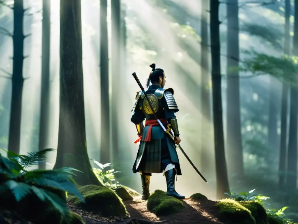 Un solitario samurái en un bosque neblinoso y soleado, con su armadura tradicional y katana, representación cultural samurái en ficción