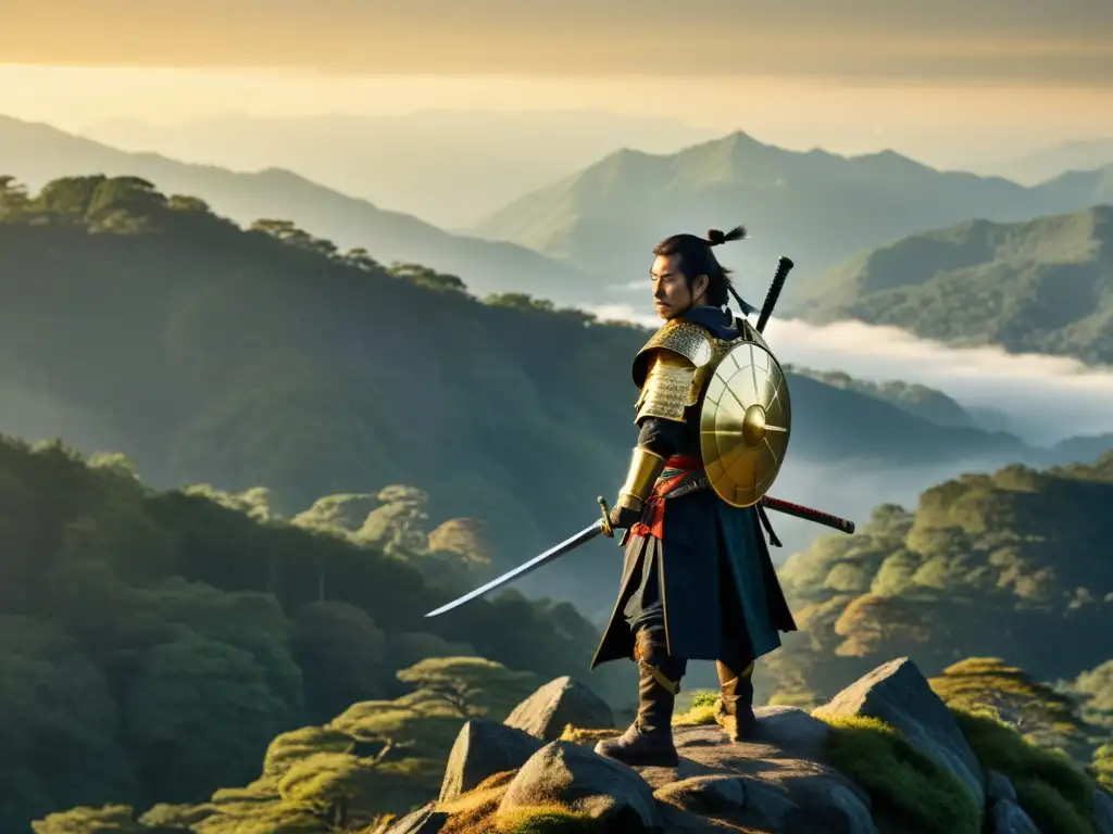 'Un solitario samurái en la cima de la montaña, con su armadura tradicional y katana, contempla el antiguo bosque