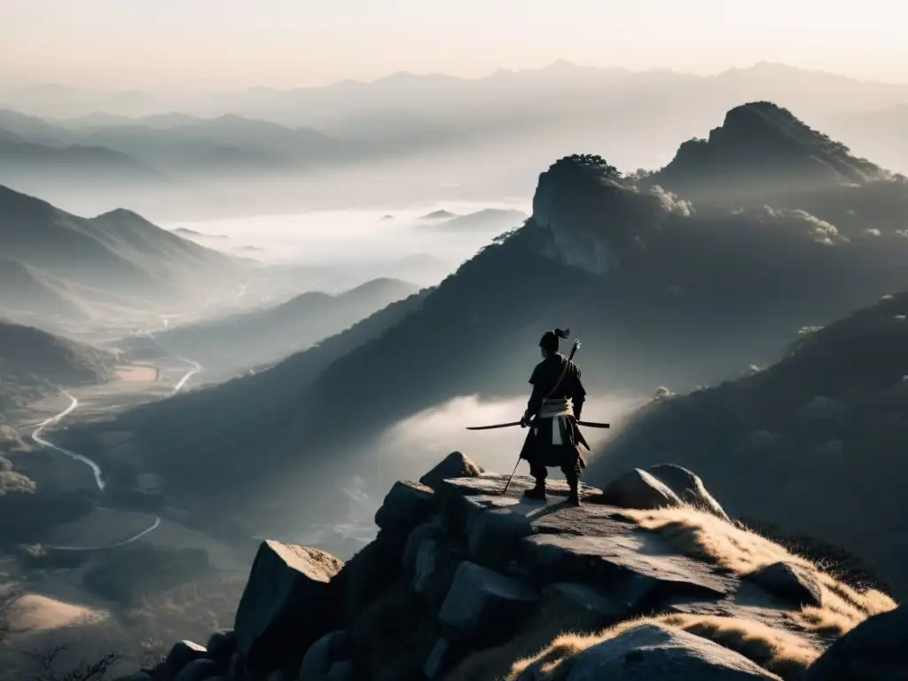 Un solitario samurái de pie en un acantilado, contemplando un valle cubierto de niebla al amanecer