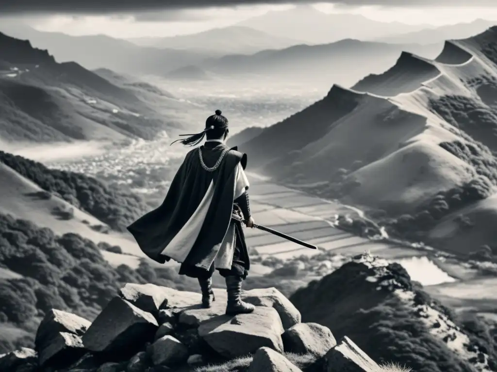 Espíritu ronin: solitario samurái en la niebla Un solitario samurái contempla el valle entre la niebla, su capa ondea al viento