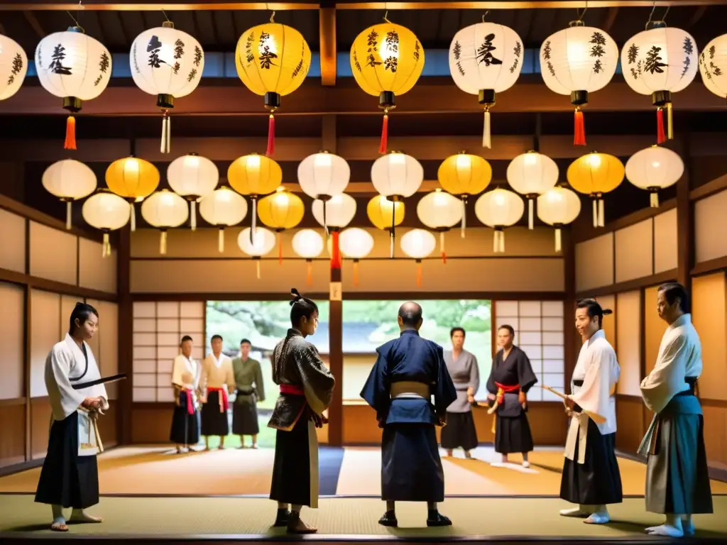 Subasta de espadas samurái en dojo japonés con coleccionistas examinando las ornamentadas hojas bajo la cálida luz de farolillos