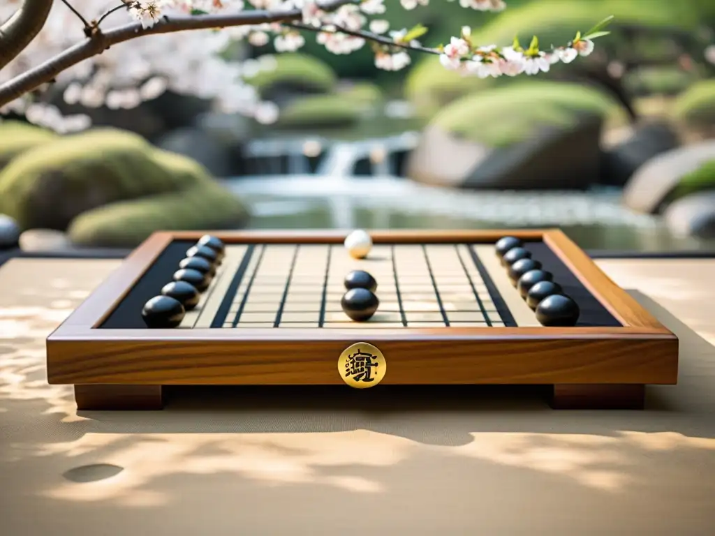 Un tablero de Go japonés detallado con piedras estratégicamente colocadas por un samurái concentrado en un jardín japonés sereno