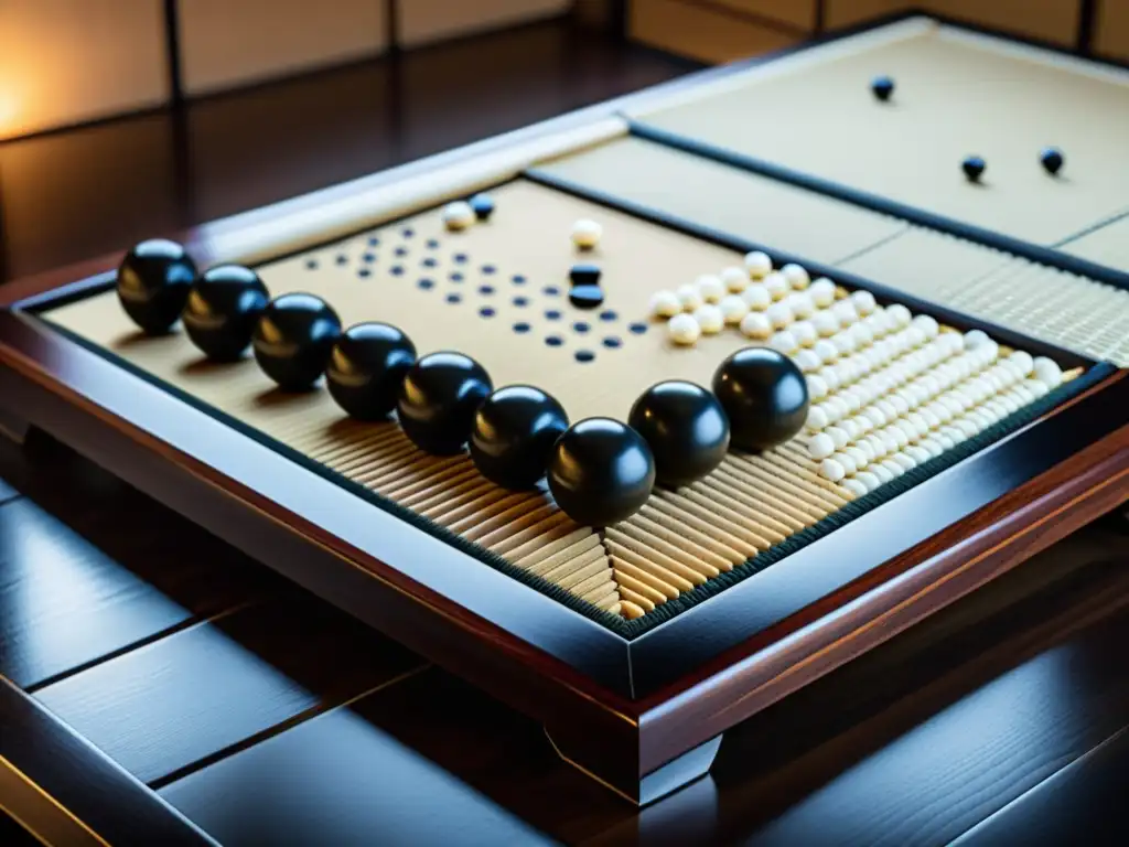 Tablero de Go japonés en mesa de madera, con piedras estratégicamente colocadas