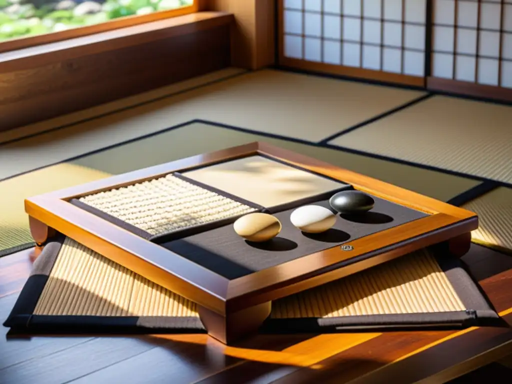 Un tablero de Go japonés tradicional con piedras blancas y negras cuidadosamente colocadas, rodeado de tatamis y pantallas shoji