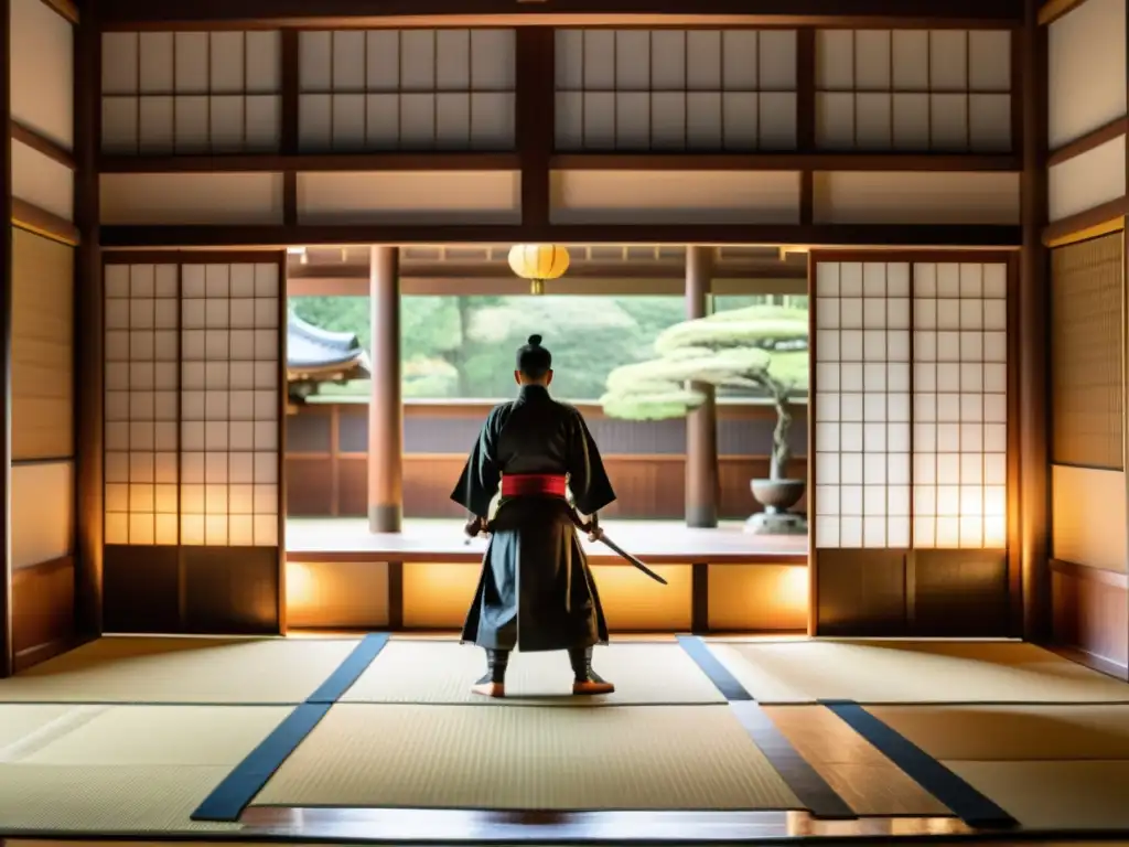 Tácticas y estrategias guerreros samuráis en dojo tradicional japonés, con luz suave y ambiente de disciplina y tradición ancestral