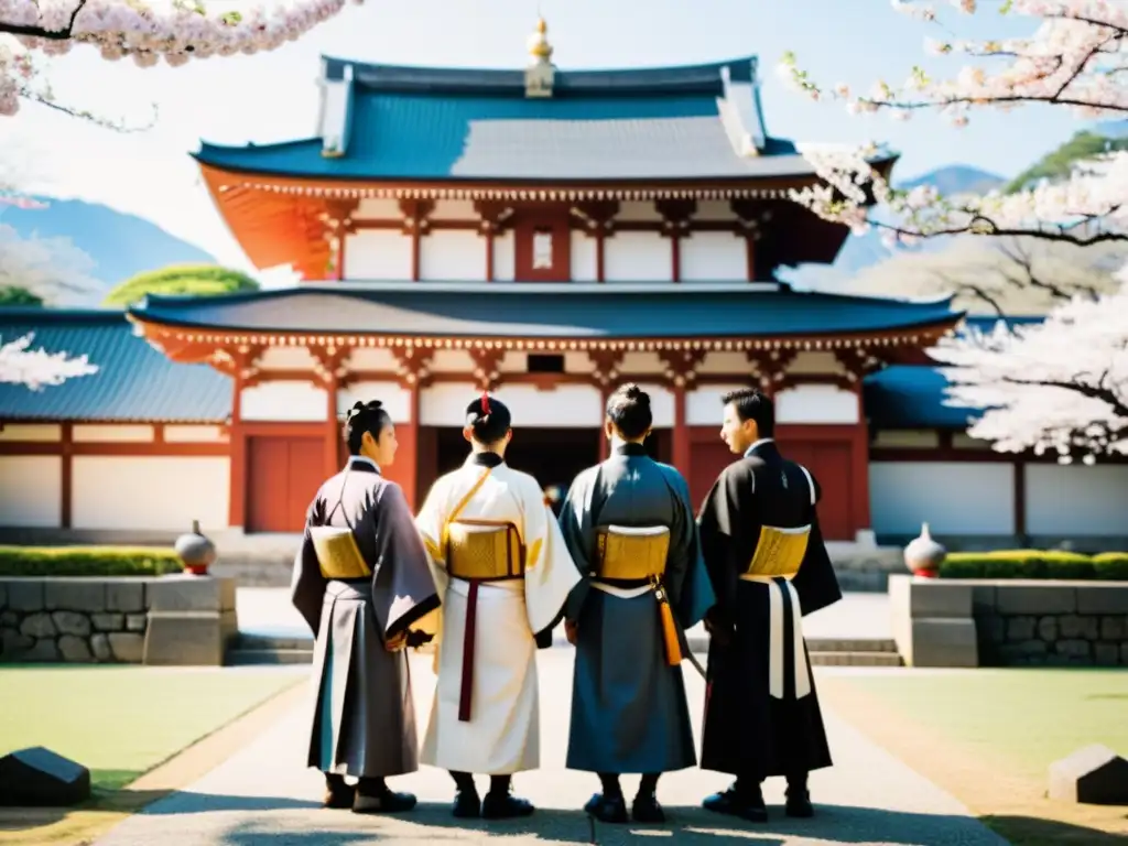 Misioneros Jesuitas en Japón: Encuentro con Samuráis en Templo Tácticas Jesuitas en la cultura samurái: Encuentro entre misioneros y samuráis bajo cerezos en flor y un majestuoso templo japonés