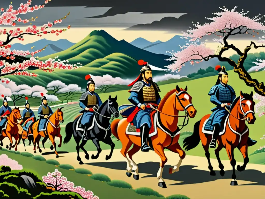 Takeda Shingen líder carismático dirige sus tropas en la batalla de Kawanakajima, rodeado de un paisaje detallado y dramático