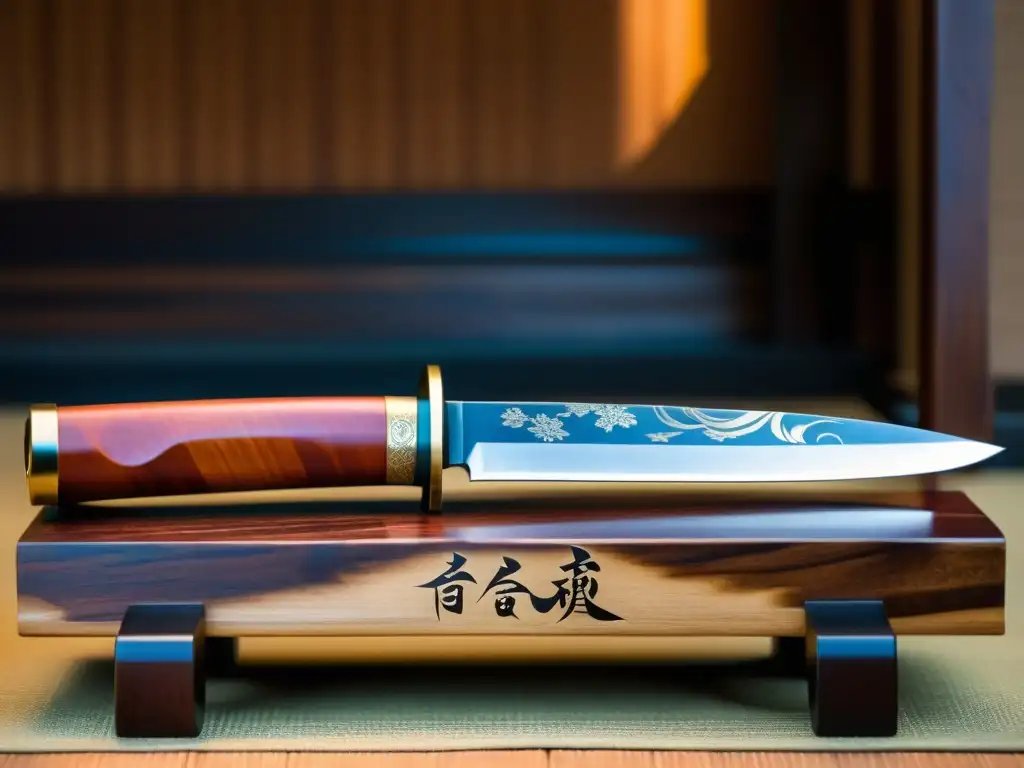 Un tanto japonés descansa sobre un soporte de madera, rodeado de elementos de artes marciales tradicionales, evocando la influencia del Tanto en artes marciales