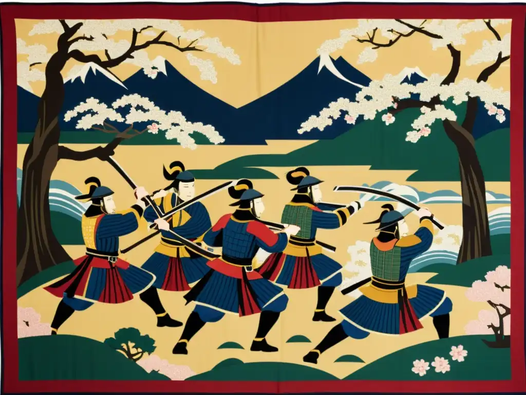 Un tapiz intrincado muestra una escena de batalla con samuráis en armaduras tradicionales, en un paisaje japonés sereno con árboles de cerezo