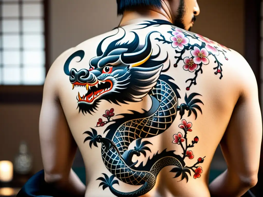 Un tatuador aplica un detallado tatuaje Irezumi de un dragón y flores de cerezo en la espalda de un samurái, demostrando honor y tradición japonesa