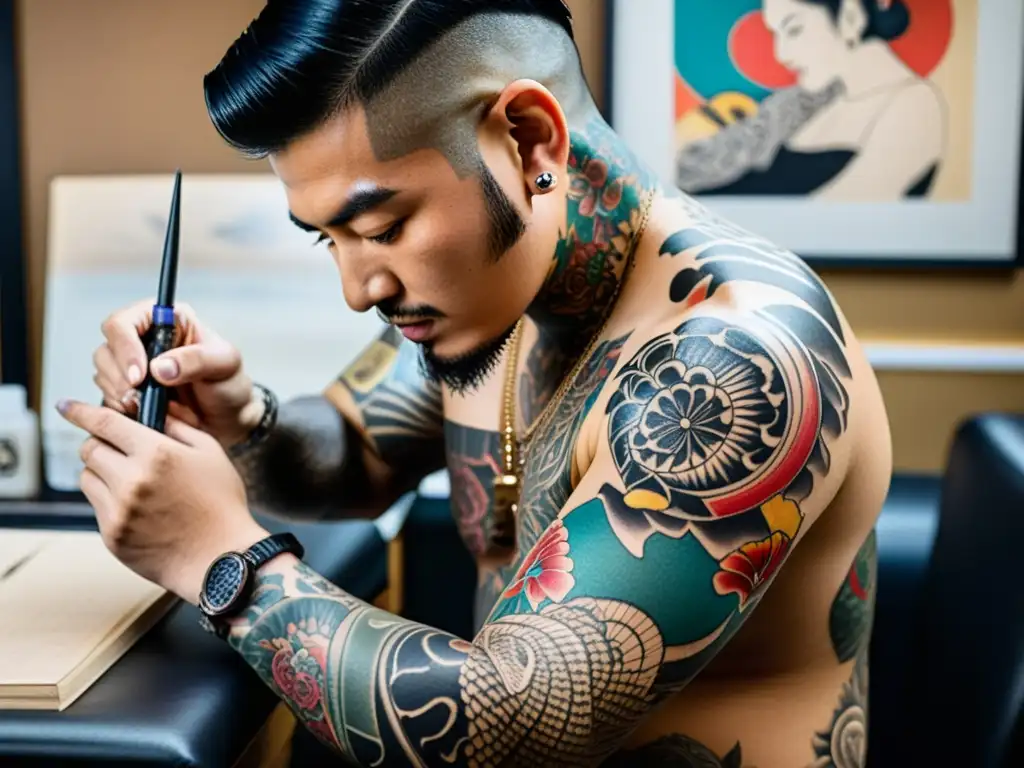 Un tatuador aplica con precisión un diseño de Irezumi en el brazo de su cliente, rodeado de elementos tradicionales japoneses