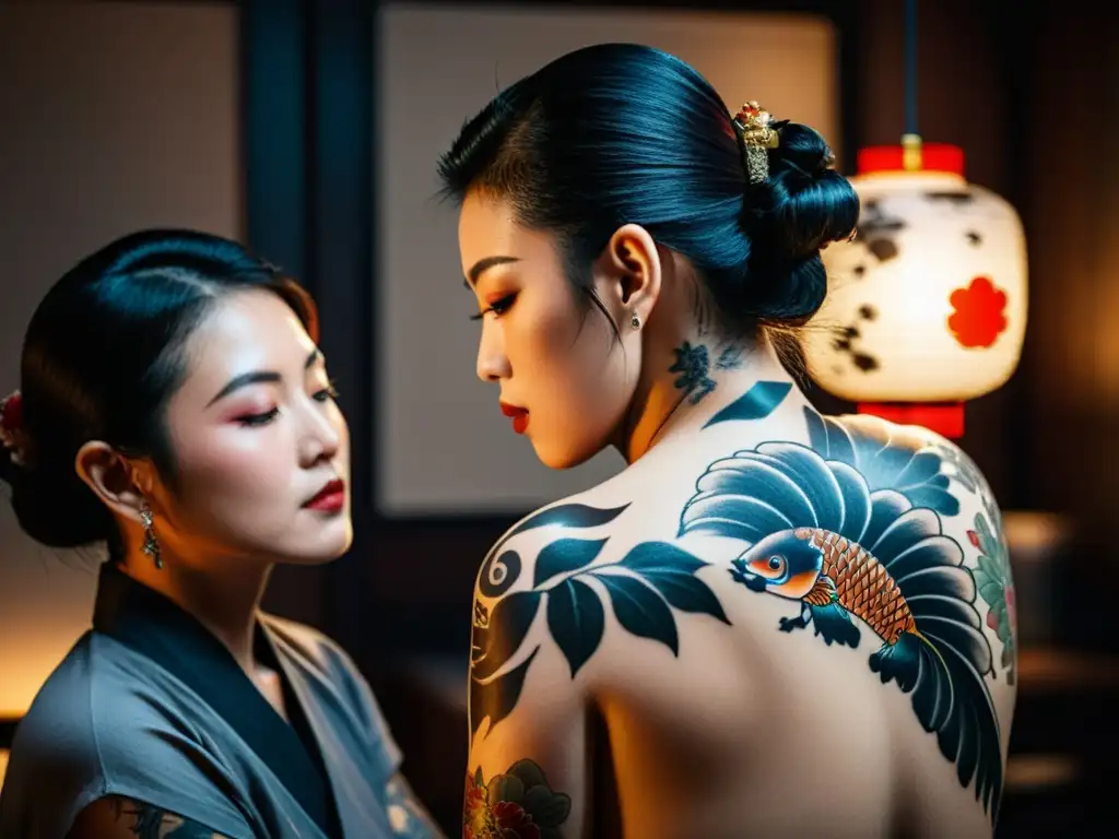 Un tatuador de irezumi aplica con meticulosidad el arte samurái en la espalda de su cliente, en un ambiente de estética y tradición japonesa