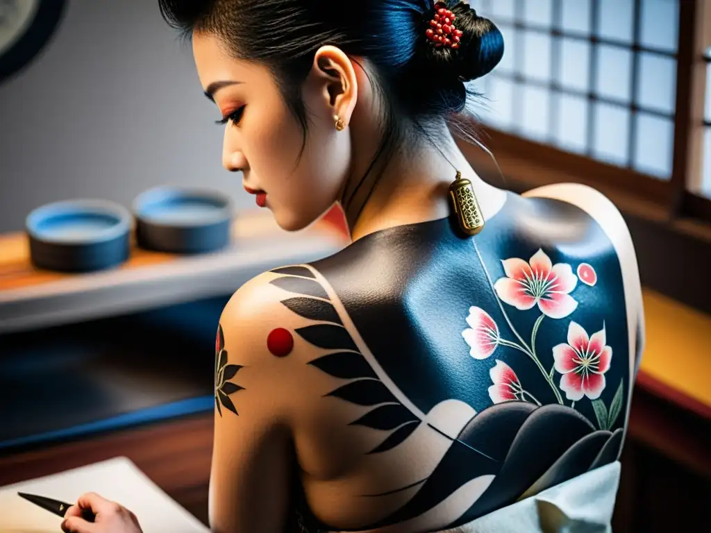 Un tatuador de Irezumi samurái aplica con precisión una intrincada obra de arte en la espalda de su cliente, evocando honor y dedicación