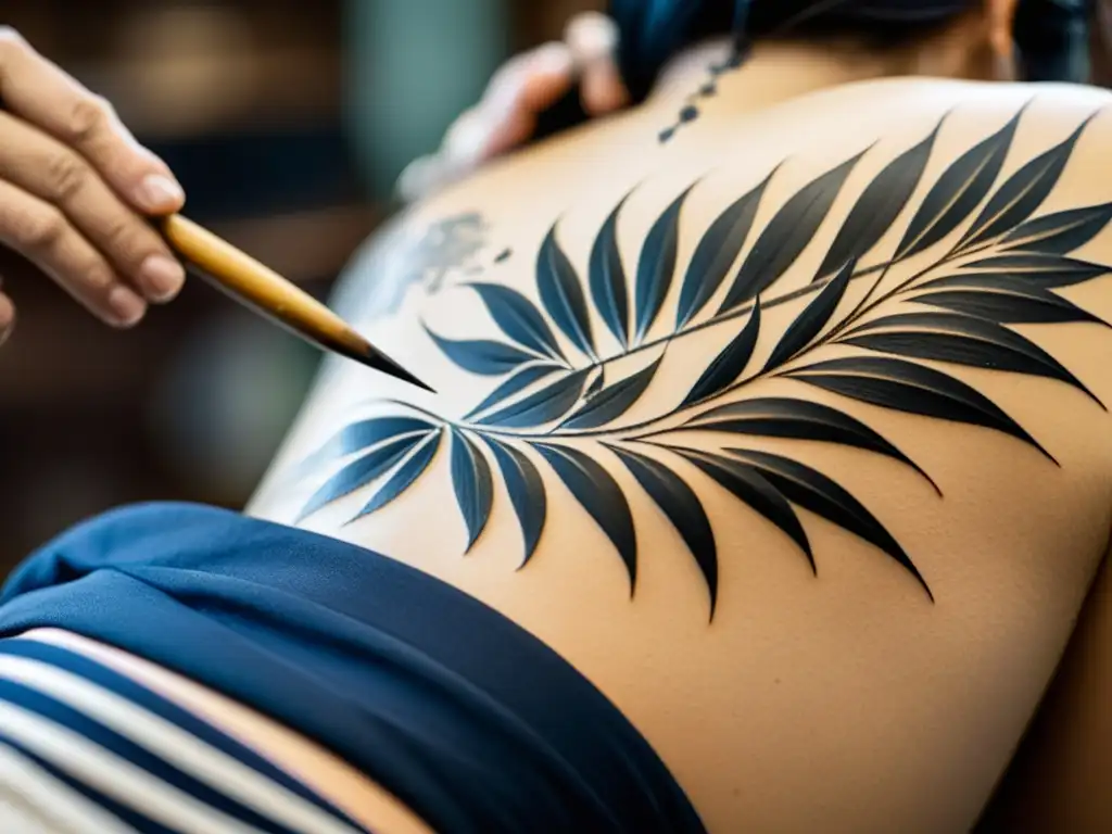 Un tatuador japonés crea diseños de tatuaje Irezumi en la espalda de un cliente, reflejando honor y tradición samurái