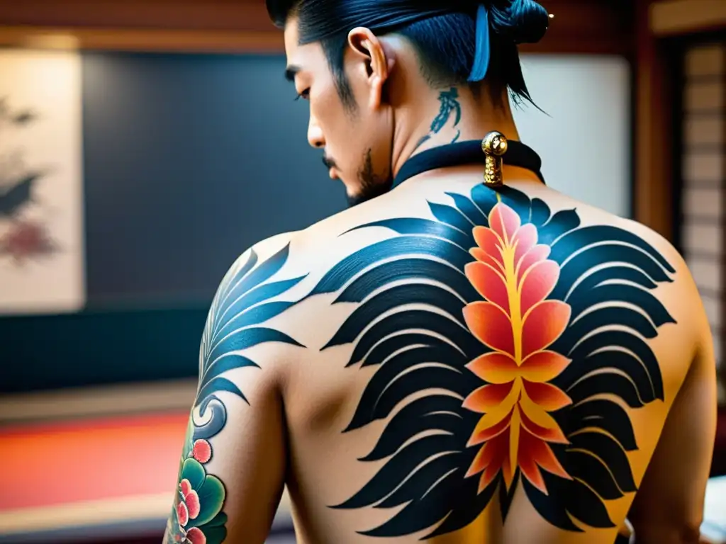 Un tatuador meticuloso realiza un tatuaje Irezumi en la espalda de un samurái, destacando la conexión entre honor, tradición y arte