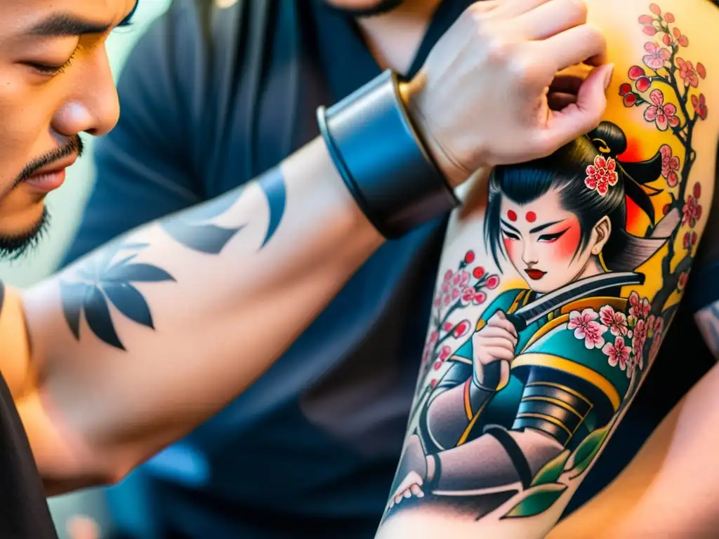 Un tatuador moderno crea una detallada obra de arte samurái en el antebrazo de su cliente