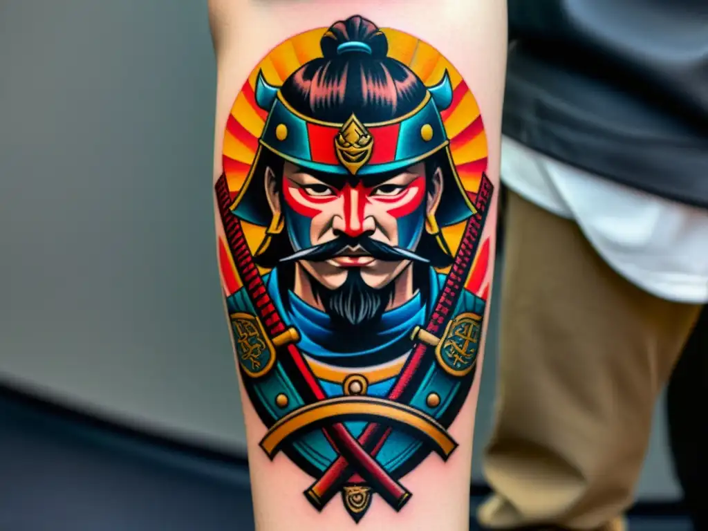 Un tatuaje de samurái moderno con detalles intrincados y colores vibrantes, que captura la tradición del tatuaje samurái moderno