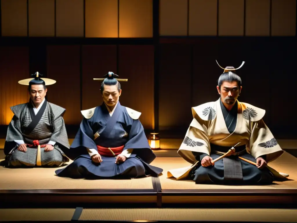 Representación teatral Noh japonés con actores samurái en trajes y máscaras, iluminados por luz de velas en un escenario oscuro