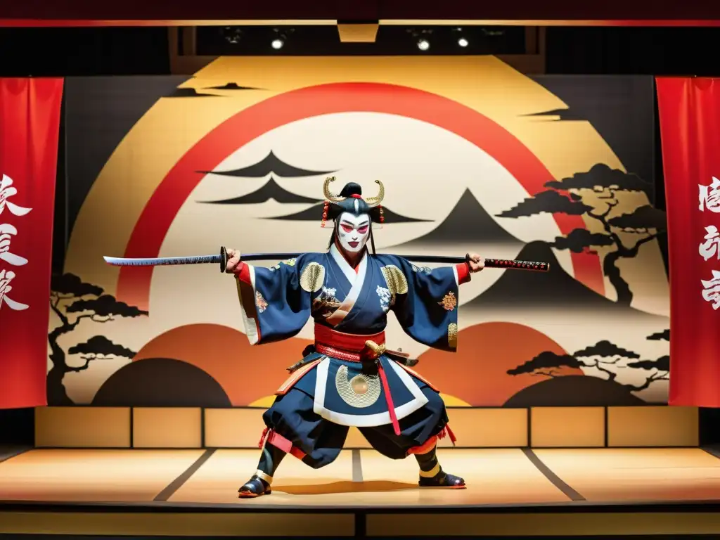 Espectáculo teatral kabuki con guerreros samuráis, escenografía vibrante y expresiones llenas de emoción y determinación