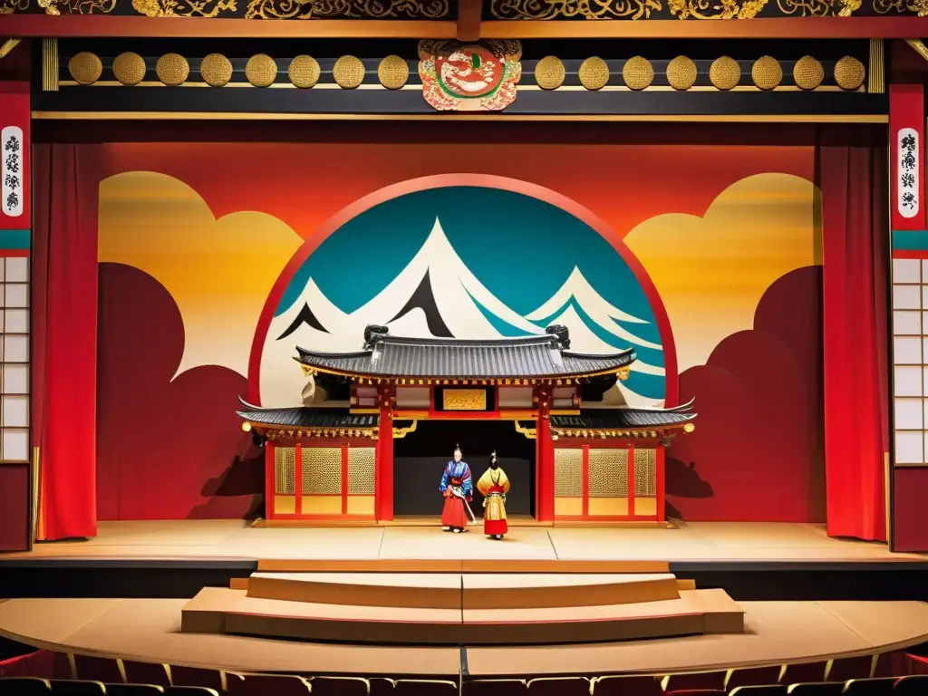 Teatro kabuki y ética samurái: Escena dramática con actores, castillo japonés y público atento en un escenario tradicional vibrante en rojo y dorado