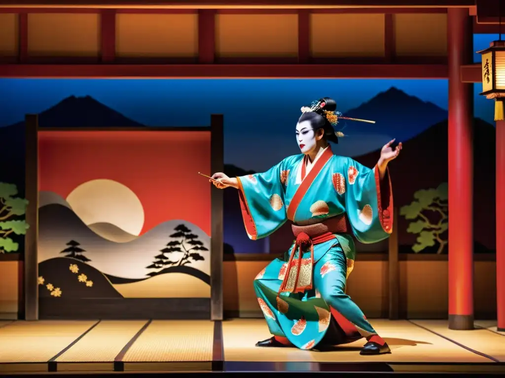 Un teatro Kabuki tradicional japonés con actores vestidos de manera elaborada, interpretando una escena romántica