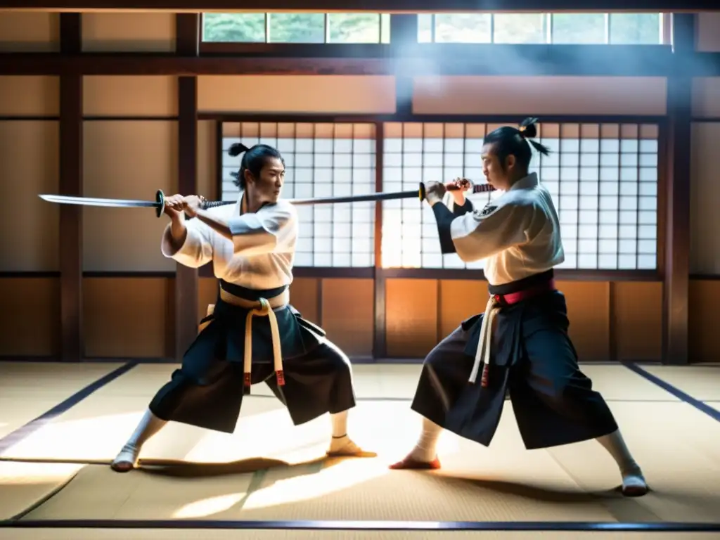 Exhibición técnica de espada samurái en un dojo japonés: práctica y tradición en una atmósfera cautivadora