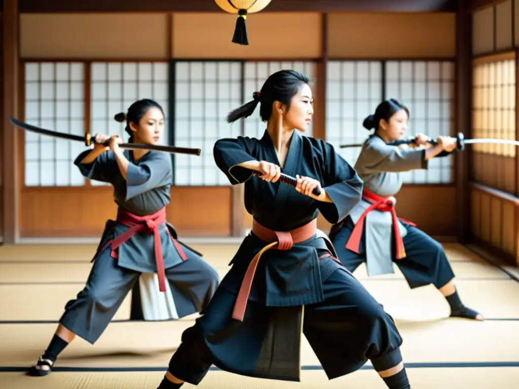 Técnicas de combate mujeres samurái practicando con armas tradicionales en un dojo japonés, demostrando habilidad y determinación